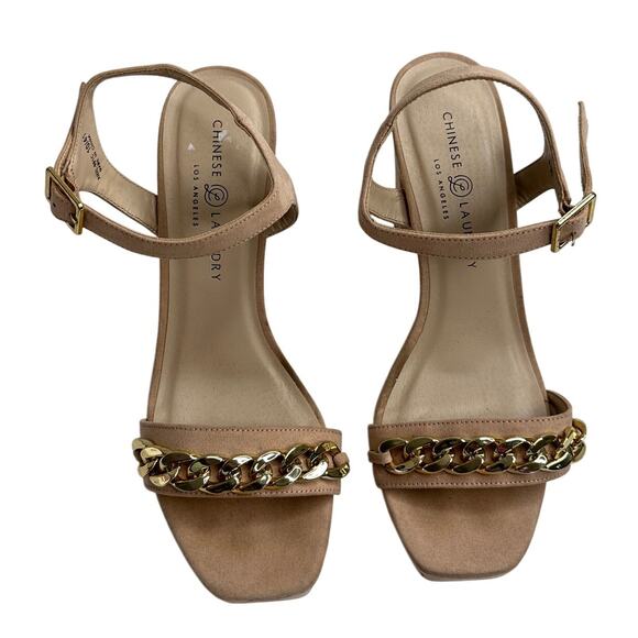 Chinese Laundry Beige Sandals High Heel Open Toe Gold Chain Accent Sexy Vacay 10 - Picture 2 of 6